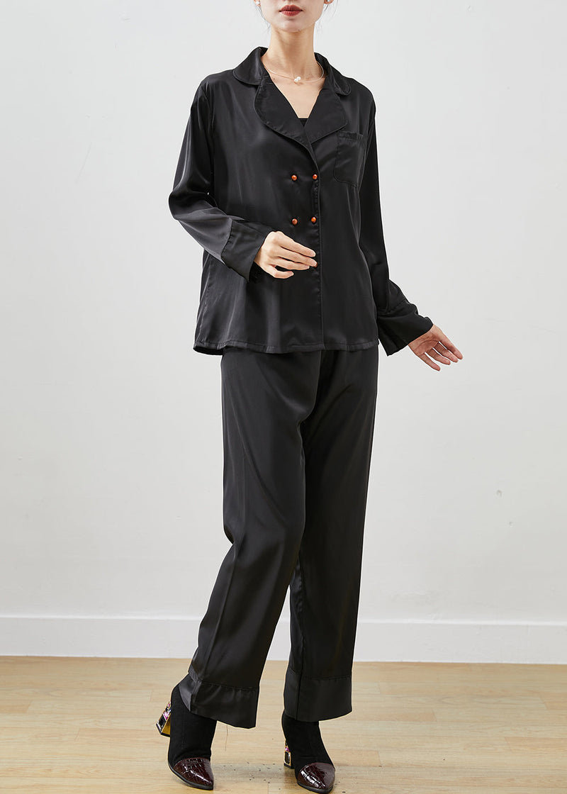 Black Peter Pan Collar Double Breast Ice Silk Two Piece Set Clothing Fall
