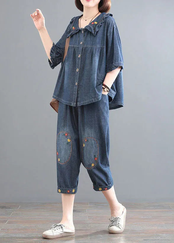 Classy Blue Wrinkled Embroideried Tops and Pants Denim Two Pieces Set Summer