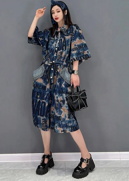 Style Blue Peter Pan Collar Letter Print Diamond Cotton Denim Jumpsuit Half Sleeve
