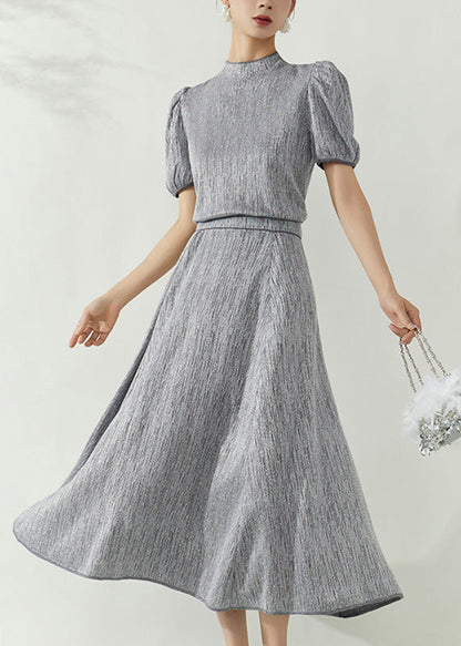 Grey Turtleneck Top and Maxi Skirts Two Pieces Set Puff Sleeve