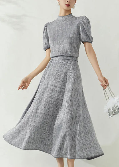 Grey Turtleneck Top and Maxi Skirts Two Pieces Set Puff Sleeve