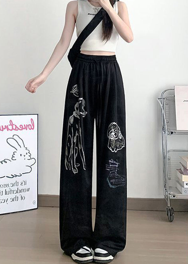 White Cartoon Print Cotton Wide Leg Pants Fall