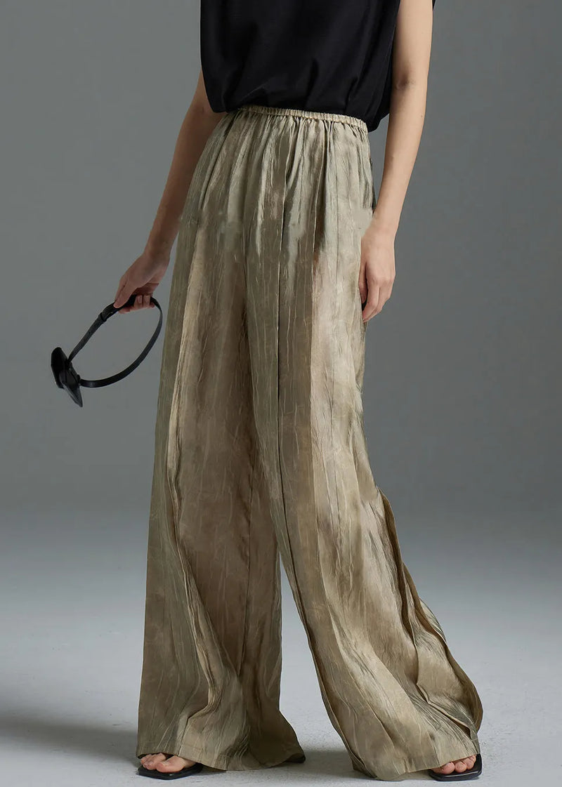 Modern Khaki Wrinkled Elastic Waist Silk Pants Spring