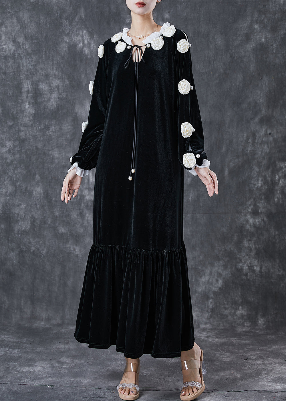 Modern Black Lace Up Silk Velour Maxi Dress Spring