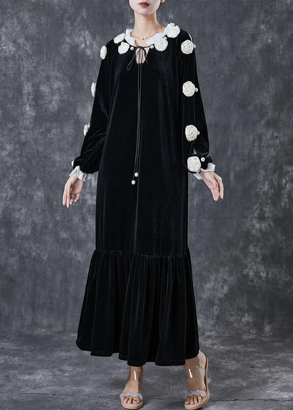 Modern Black Lace Up Silk Velour Maxi Dress Spring