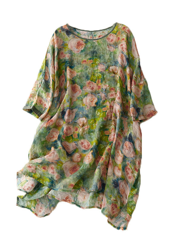 Green O Neck Print Patchwork Linen Mid Dress Bracelet Sleeve Summer