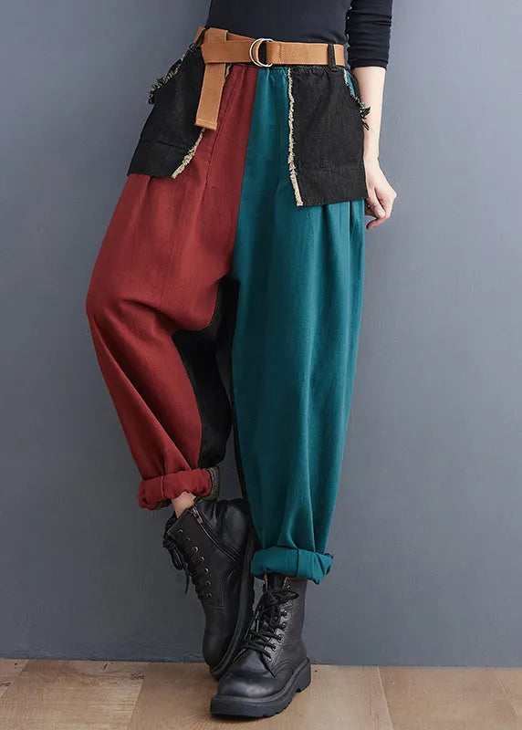 Colorblock Pockets Patchwork Cotton Denim Harm Pants Summer