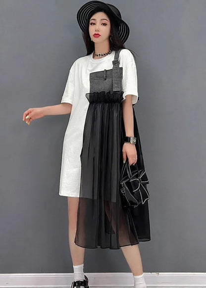 French Black O-neck Denim Tulle Patchwork Dress Short Sleeve