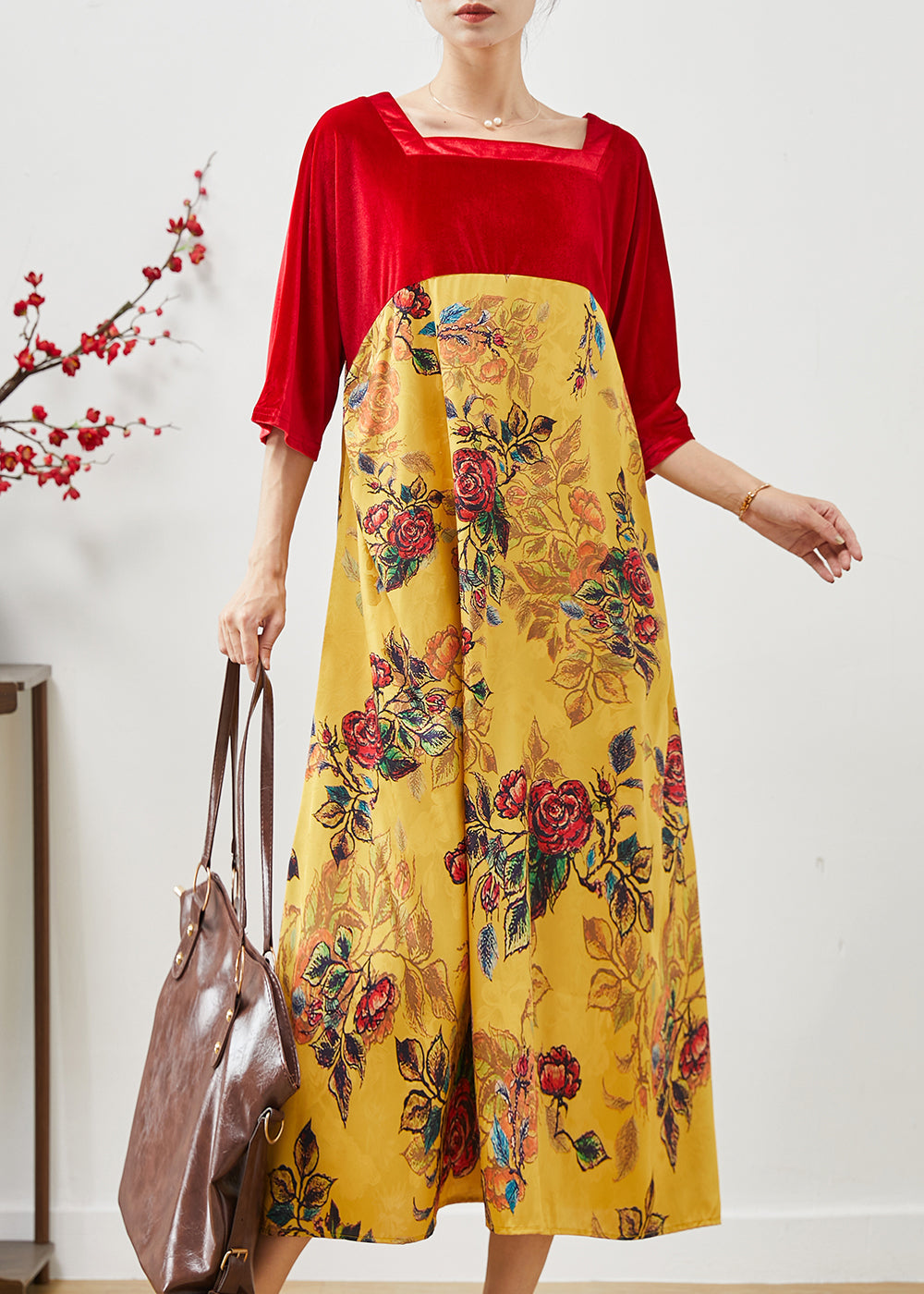 Stylish Colorblock Square Collar Patchwork Silk Velour Dress Summer