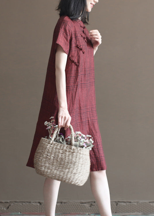 Dark Red Plaid Stand Collar Chinese Style Button Linen a Line Dresses Short Sleeve