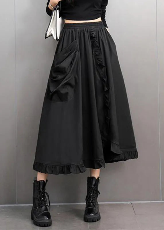 Stylish Black Ruffled Patchwork Pockets Elastic Waist a Line Skirts Spring