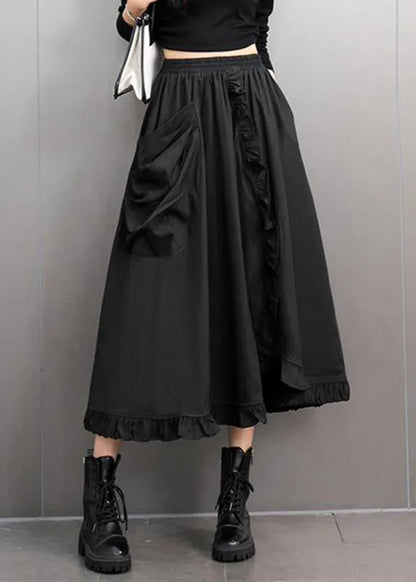 Stylish Black Ruffled Patchwork Pockets Elastic Waist a Line Skirts Spring