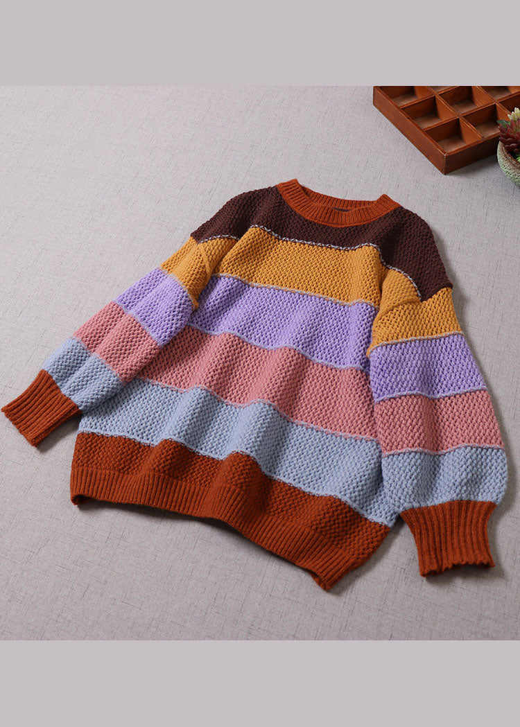 Yellow O-neck Striped Knit Pullover Spring