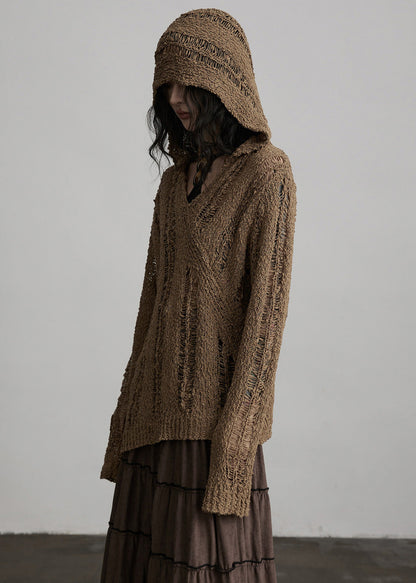 Brown Hooded Hollow Out Knit Loose Pullover Spring