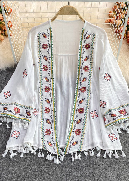 Classy Apricot V Neck Embroideried Tassel Cardigan Summer