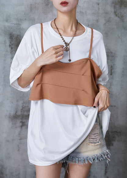 White Patchwork Cotton Fake Two Piece Tank Oversized Summer