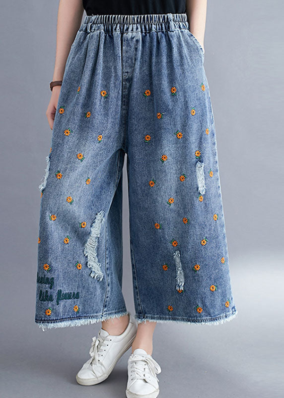 Blue Daisy Embroideried Pockets Cotton Denim Straight Pants Summer