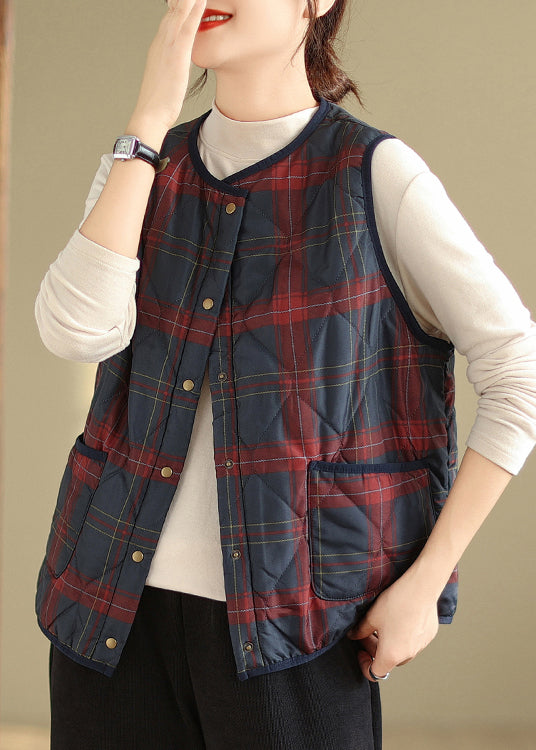 Red Navy Plaid Pockets Patchwork Warm Fleece Vest Sleeveless