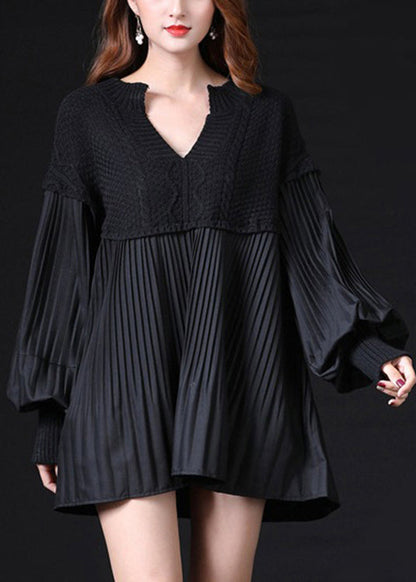 Black Patchwork Wrinkled Loose Knitted Tops Long Sleeve