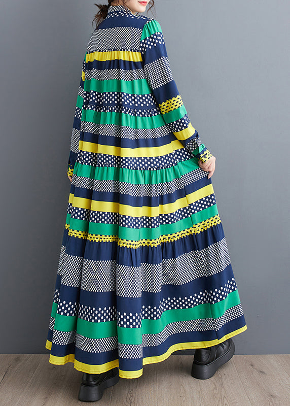Green Stand Collar Print Patchwork Chiffon Dress Long Sleeve