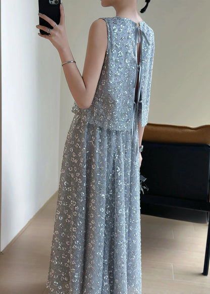 New Grey Lace Up Sequins Tops and Skirts Two Pieces Set Sleeveless