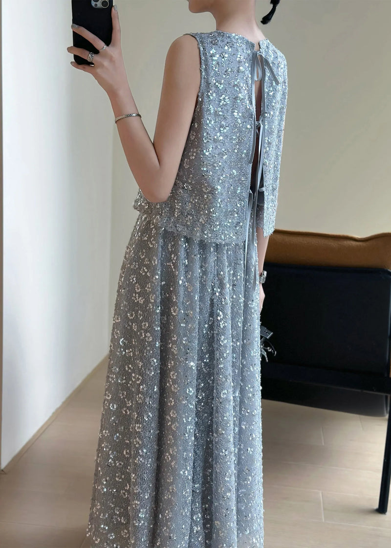New Grey Lace Up Sequins Tops and Skirts Two Pieces Set Sleeveless