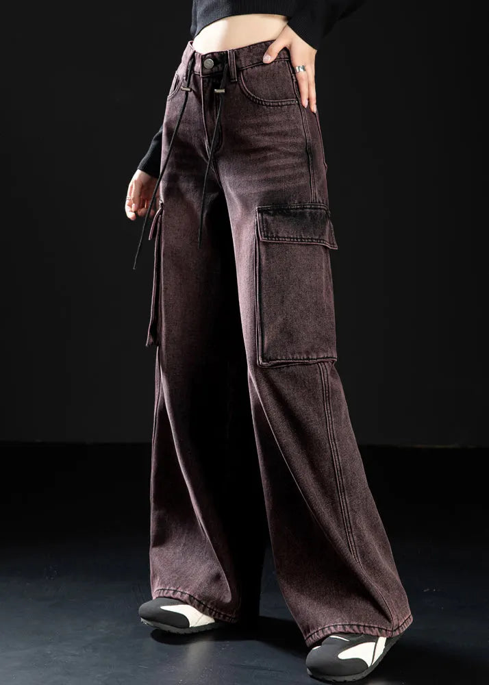 Art Gradient Color Oversized Pockets Warm Fleece Denim Pants Winter