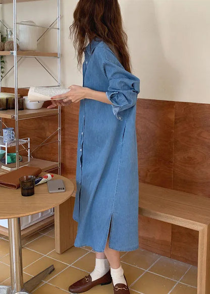 French Blue Peter Pan Collar Patchwork Denim Shirts Dress Spring
