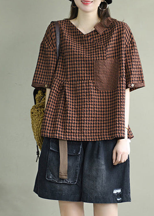Red Pocket Patchwork Loose Linen Shirts Top Wrinkled Short Sleeve