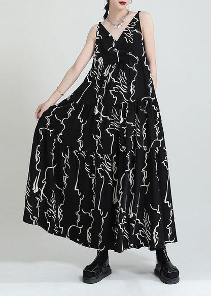 Black Print Asymmetrical Design a Line Dress Sleeveless
