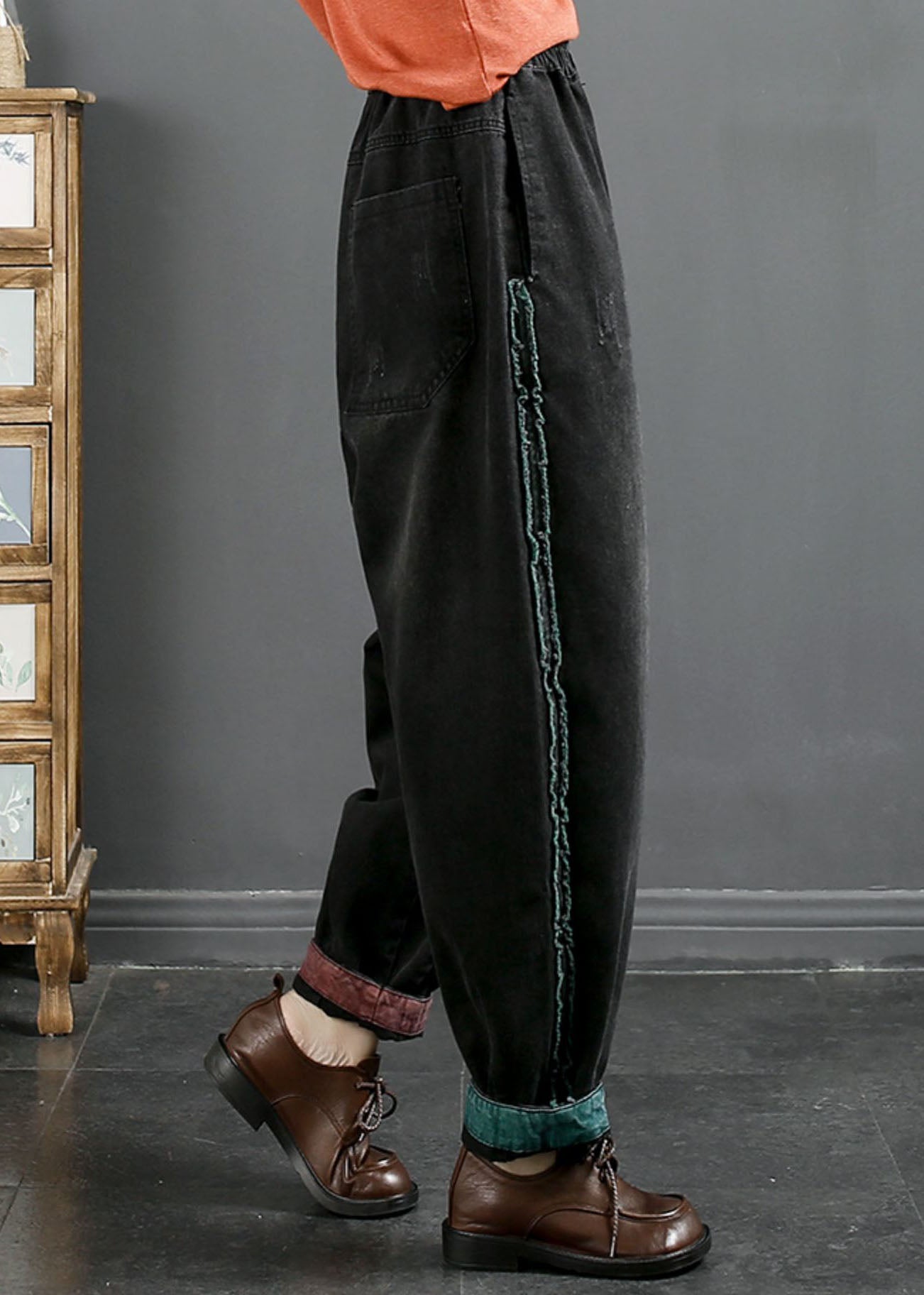 Blue Pockets High Waist Beam Denim Pants Fall