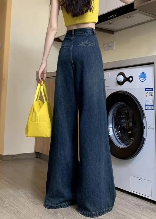 Denim Blue Button Pockets Denim Wide Leg Pants Summer