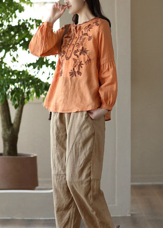 Orange Embroideried Wrinkled Patchwork Linen T Shirt Spring