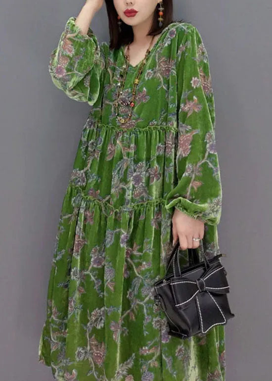 Natural Green V Neck Hooded Velour Dress Spring