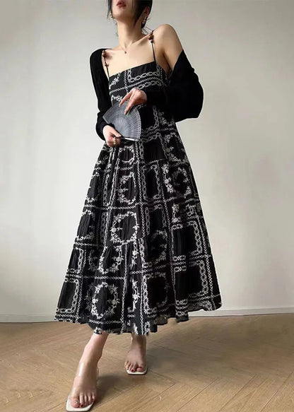 Novelty Black Print Tie Waist Cotton Spaghetti Strap Dress Sleeveless