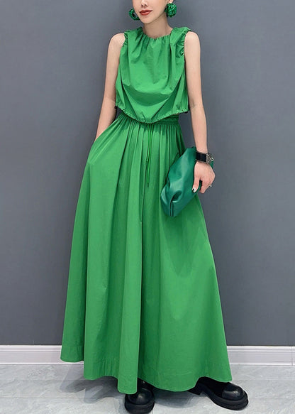 French Green Patchwork Pockets Top and Maxi Skirts Two Pieces Set Summer