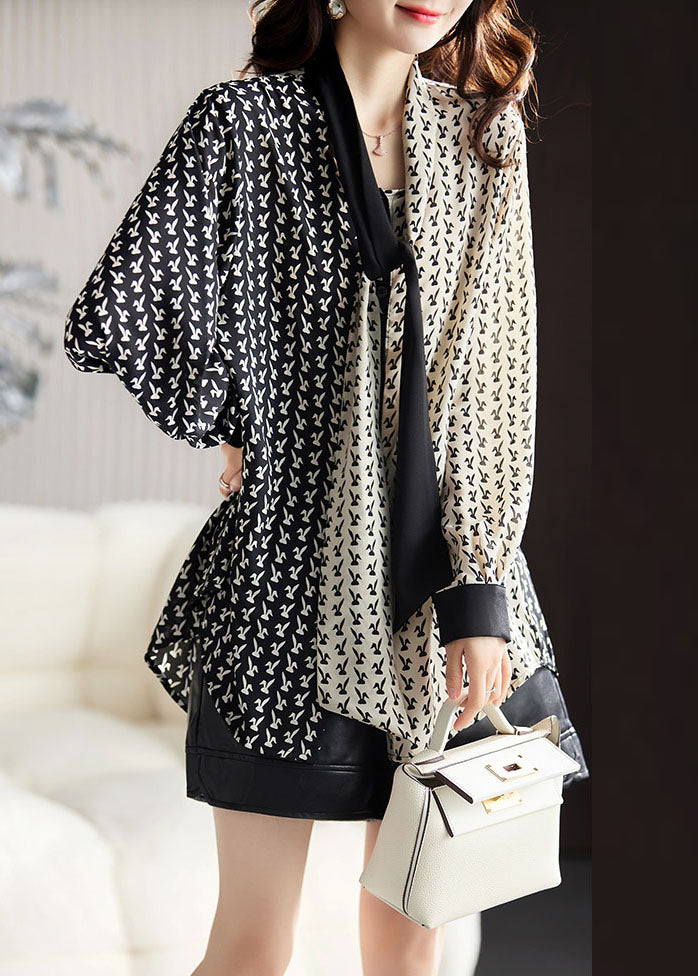 Black V Neck Contrast Color Print Chiffon Shirt Fall
