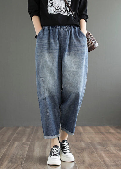Stylish Denim Blue Color Elastic Waist Pockets Patchwork Applique Cotton Harem Pants Summer