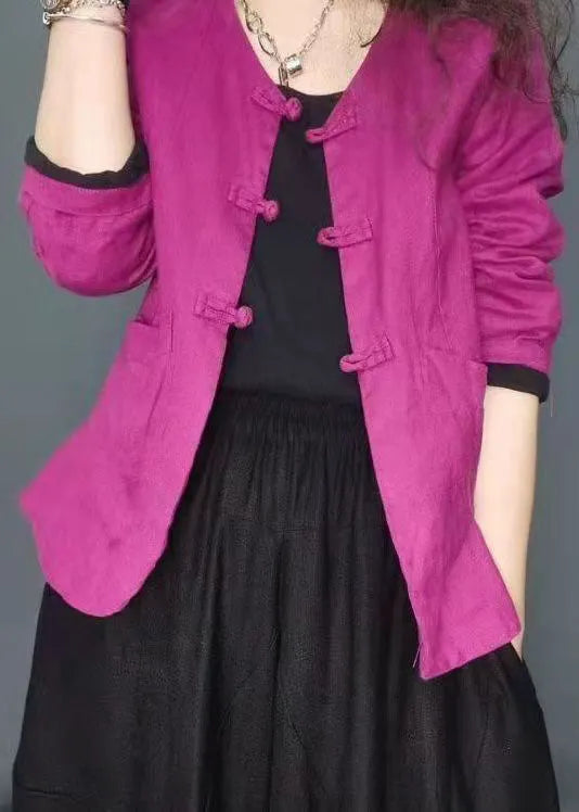 Chocolate Button Pockets V Neck Linen Coat Long Sleeve