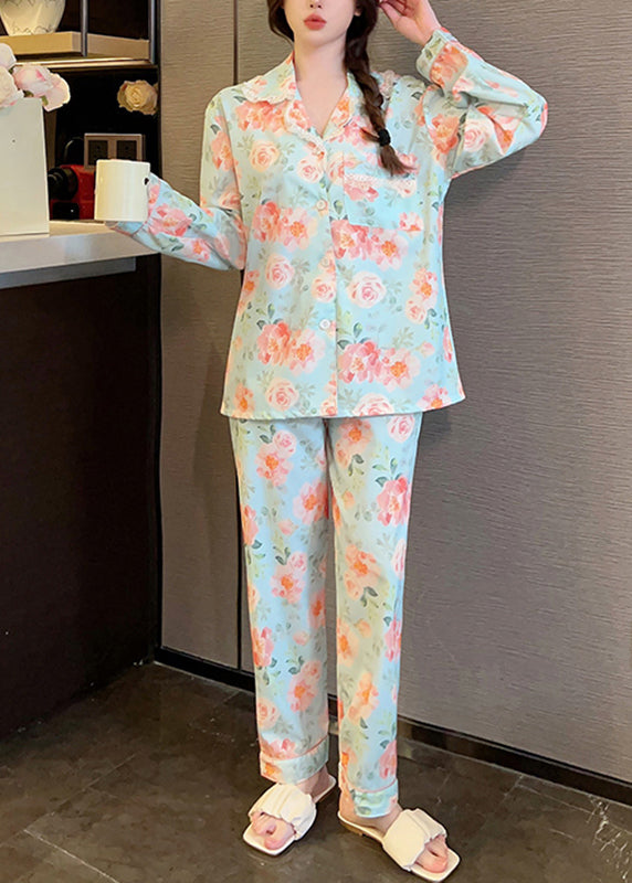 Yellow Print Button Ice Silk Two Pieces Set Long Sleeve
