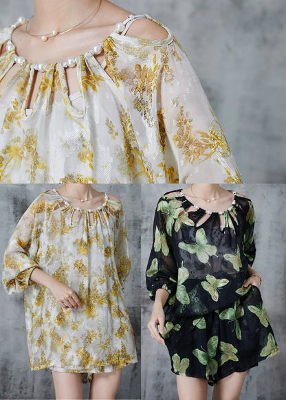 Boutique Yellow Print Hollow Out Chiffon Sets 2 Pieces Summer
