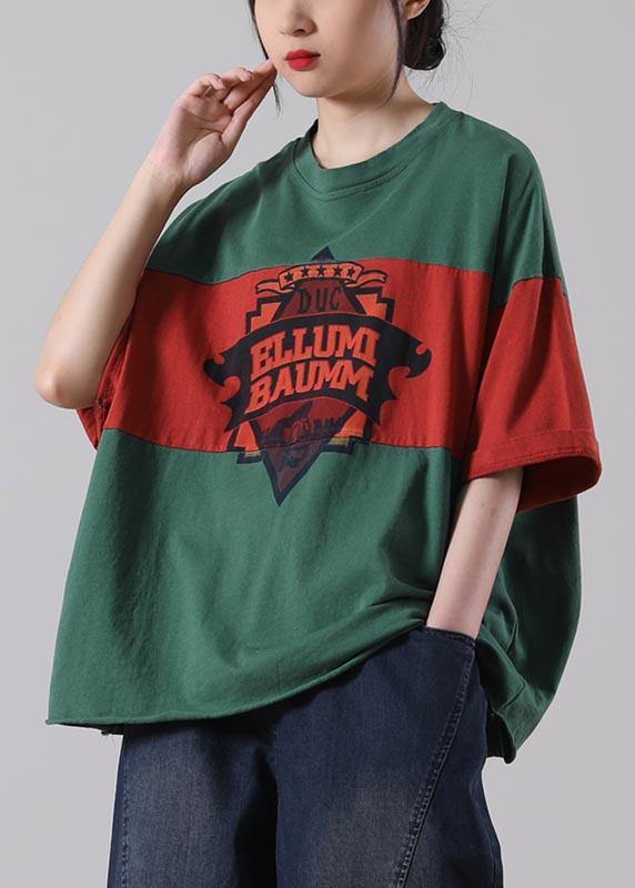 Loose Red Patchwork O-neck Cotton Half Sleeve Top Summer