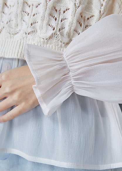 Apricot Patchwork Knit Tops Lantern Sleeve