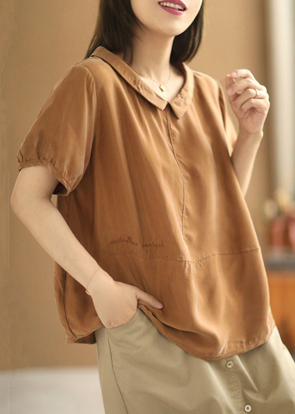 Loose Caramel Peter Pan Collar Silk Cotton Tops Summer