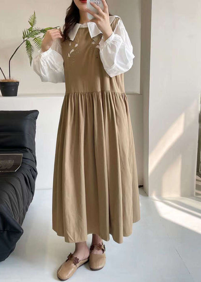 Khaki Hollow Out Long Dress Sleeveless