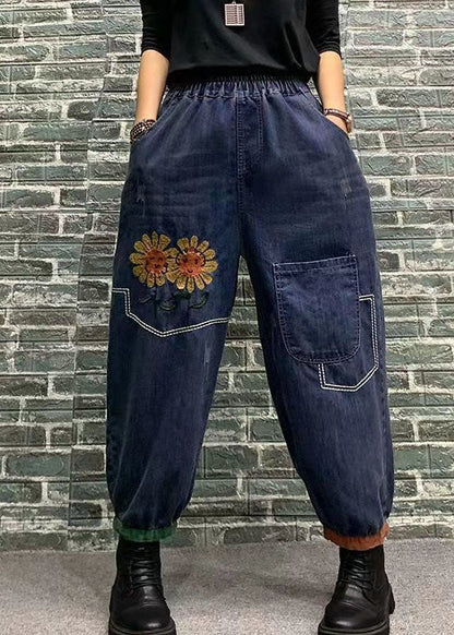 Blue Print Patchwork Elastic Waist Denim Crop Pants Spring
