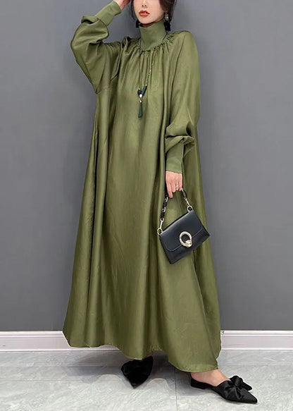 Modern Army Green High Neck Oversized Color Silk Dress Fall
