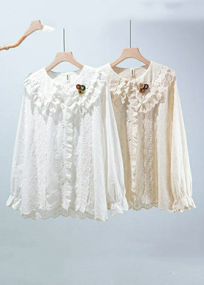 Beige Embroideried Button Cotton Blouses Long Sleeve
