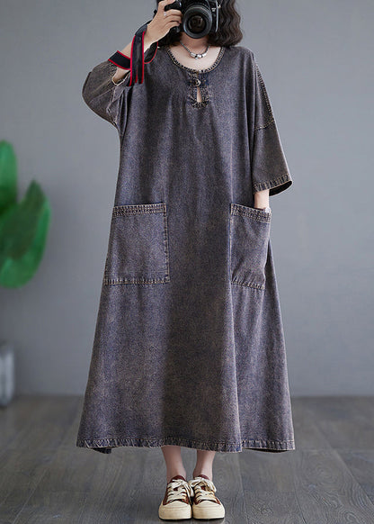 Deep Purple O Neck Pockets Denim Long Dress Bracelet Sleeve