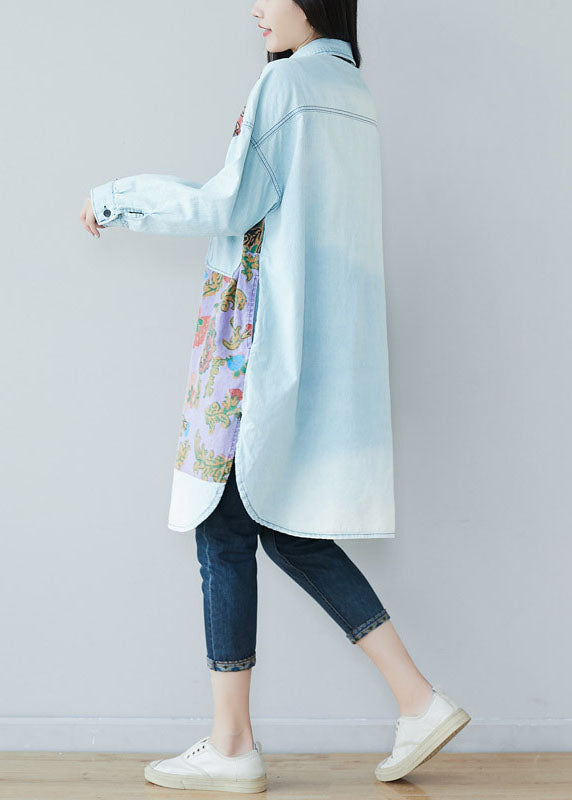 Art Light Blue Pockets Side Open Print Denim Shirt Dresses Spring